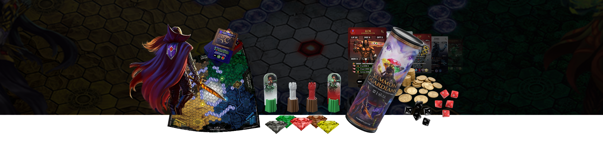 Summon Guardians game components: map, Guardian standees, fort towers, jewels, game tube, coins and dice