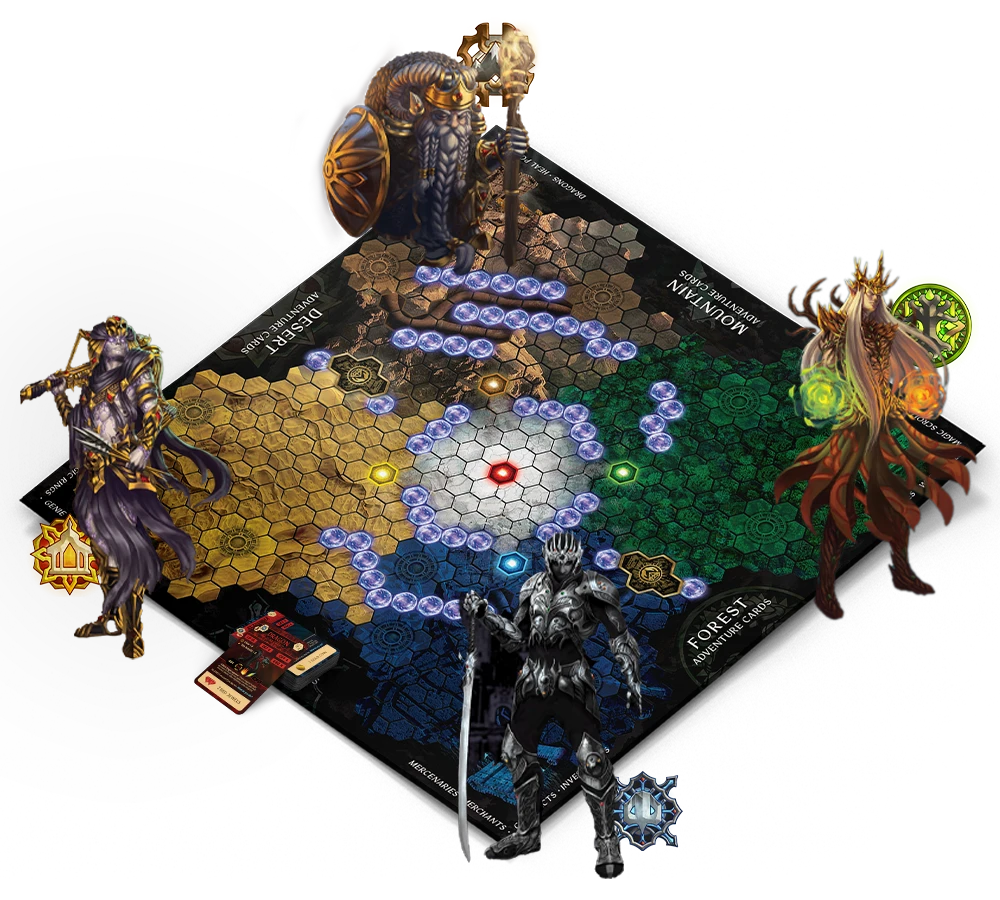 Summon Guardians game mat showing the four Kingdoms and the Wastelands