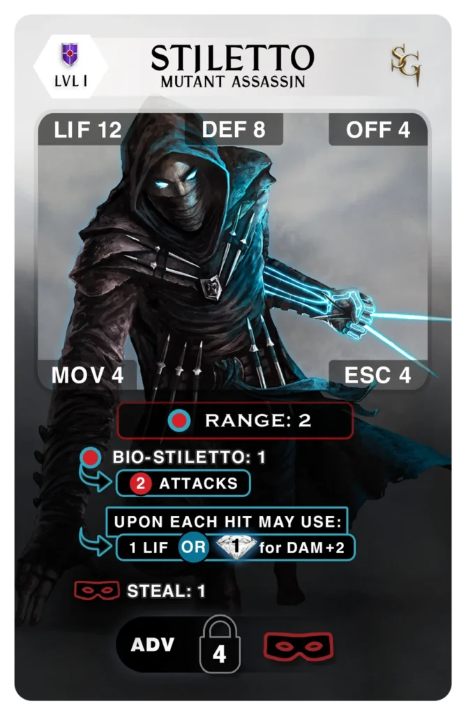 Stiletto Guardian card, Level 1, front